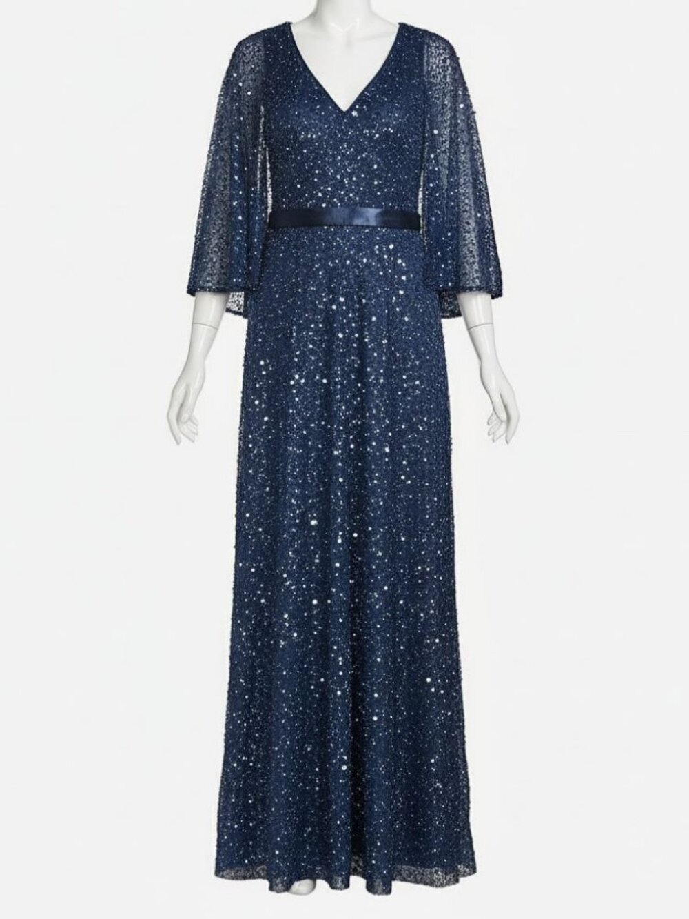 Basix Women's Blue Cape Sequin Beaded Caped Gown Dress Size 8